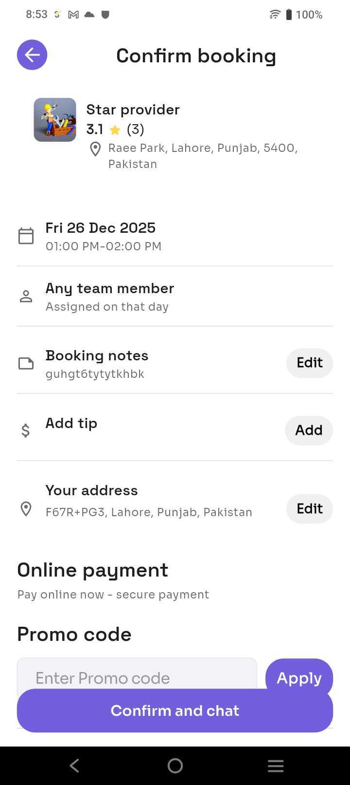 ServiPR mobile app - Confirm booking screen